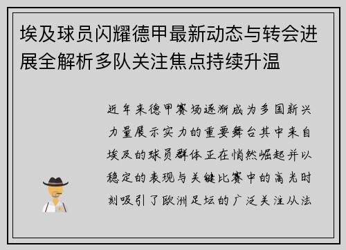 埃及球员闪耀德甲最新动态与转会进展全解析多队关注焦点持续升温